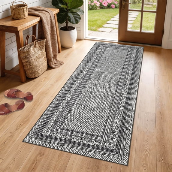 FairOnly Non Slip 2'x6'Geometric Area Rug for Bedroom Machine Washable Low Pile Non Slip Rug for Kitchen Hallway,Black Grey