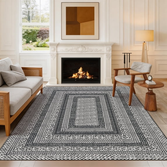FairOnly Non Slip 5'x7'Geometric Area Rug for Living Room Bedroom Machine Washable Low Pile Non Slip Rug for Kitchen Dining,Black Grey