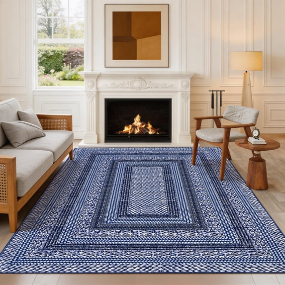 FairOnly Non Slip 8'x10'Geometric Area Rug for Living Room Bedroom Machine Washable Low Pile Non Slip Rug for Kitchen Dining,Dark Blue