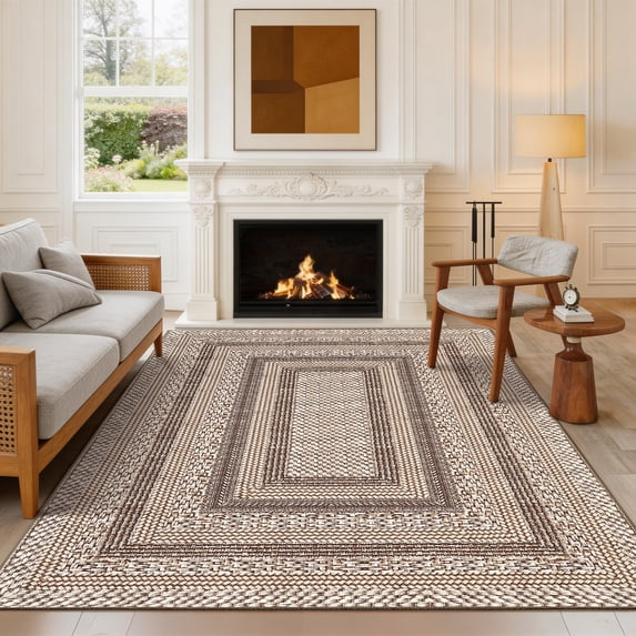 FairOnly Non Slip 9'x12'Geometric Area Rug for Living Room Bedroom Machine Washable Low Pile Non Slip Rug for Kitchen Dining,Khaki
