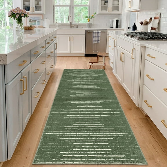 FairOnly Non Slip Stirped 2'x6'Green Runner Rugs for Kitchen Soft Low Pile Foldable Floor Cover for Bathroom Entrance