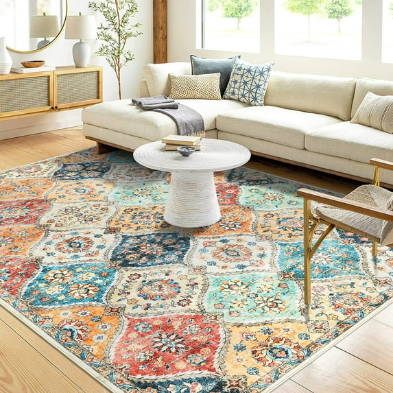 FairOnly Orange 9'x12'Boho Vintage Floral Printed Machine Washable Rug for Living Room Bedroom Low Pile Stain Resistant Oriental Floor Area Rug for Kitchen Laundry