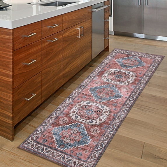 FairOnly Pink 2'x6'Low Pile Vintage Washable Floral Indoor Runner Rug for Hallway Non Slip Floor Rug for Kitchen