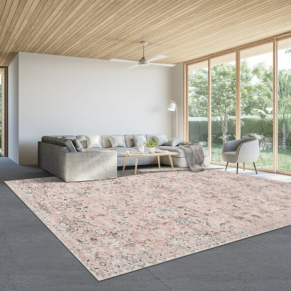 FairOnly Pink 8'x10'Machine Washable Vintage Floral Printed Low Pile Area Rug Non Slip Stain Resistant Foldable Floor Carpet for Living Room Bedroom