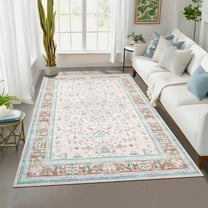 FairOnly Pink 9'x12'Vintage Floral Printed Machine Washable Large Area Rug Non Slip Soft Medallion Oriental Carpet for Living Room Home Office