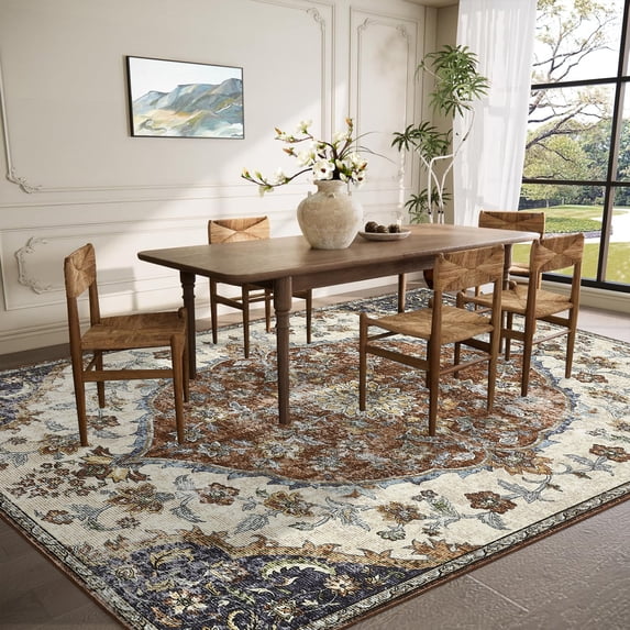 FairOnly Red 10'x13'Oriental Style Non Slip Area Rug Vintage Medallion Machine Washable Low Pile Indoor Rugs for Bedroom Kitchen Living Room