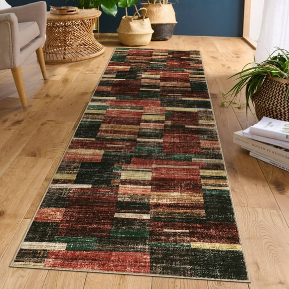 FairOnly Red 2'x6' Checkered Washable Runner Rug for Living Room Retro-Modern Non Slip Stain Resistant Rug for Kitchen Bedroom Bathroom