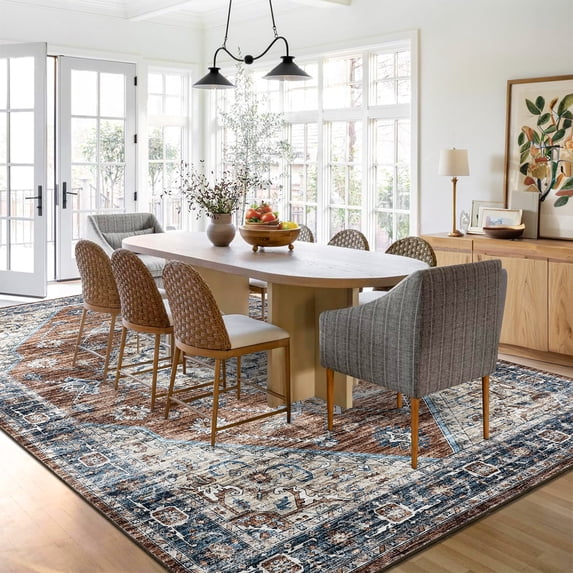 FairOnly Red 5'x7'Boho Vintage Floral Printed Area Rug Low Pile Machine Washable Stain Resistant Non-Slip Distressed Rug for Bedroom Kitchen Dining