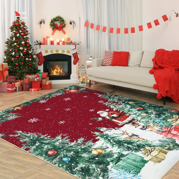 FairOnly Red 8'x10'Christmas Tree Snow Area Rug for Dining Room Soft Non Slip Machine Washable Foldable Rug for Living Room Bedroom