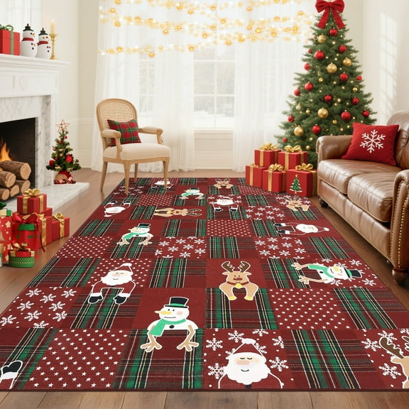 FairOnly Red 8'x10'Classical Christmas Area Rug Plaid with Reindeer Snowman & Santa Pattern Low Pile Washable Non Slip for Festive High-Traffic Zones