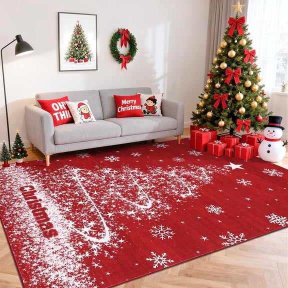 FairOnly Red 9'x12'Christmas Machine Washable Non Slip Area Rug for Living Room Low Pile Stain Resistant Holiday Rug for Bedroom Kitchen