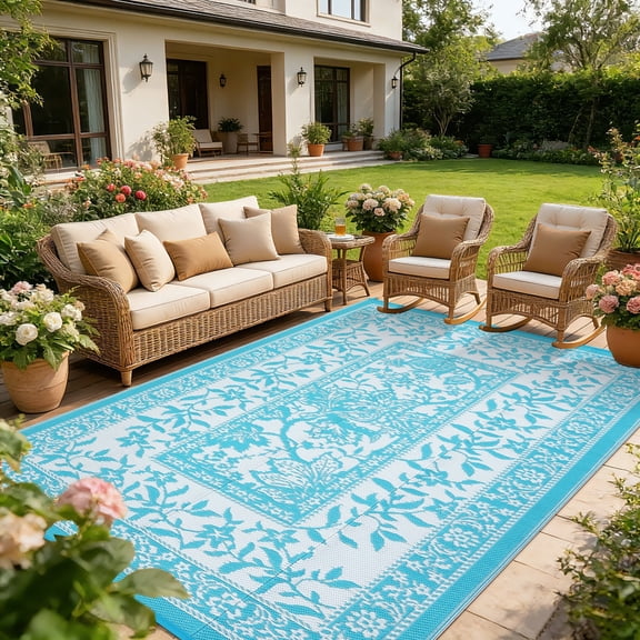 FairOnly Retro Botanical Pattern Portable 8'x10'Outdoor Rug Waterproof Reversible UV Resistant Mat for Patio Camping & RV,Light Blue