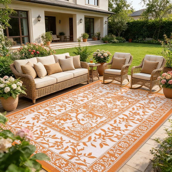 FairOnly Retro Botanical Pattern Portable 9'x12'Outdoor Rug Waterproof Reversible UV Resistant Mat for Patio Camping & RV,Orange White