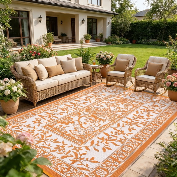FairOnly Retro Botanical Pattern Portable 9'x12'Outdoor Rug Waterproof Reversible UV Resistant Mat for Patio Camping & RV,Orange White