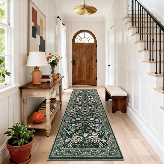 FairOnly Retro Floral Printed Machine Washable 2'x6' Runner Rug Ultra-Thin Low Pile Stain & Pet Friendly Non Slip Indoor Rug for Kitchen Bathroom & Entryway,Dark Green