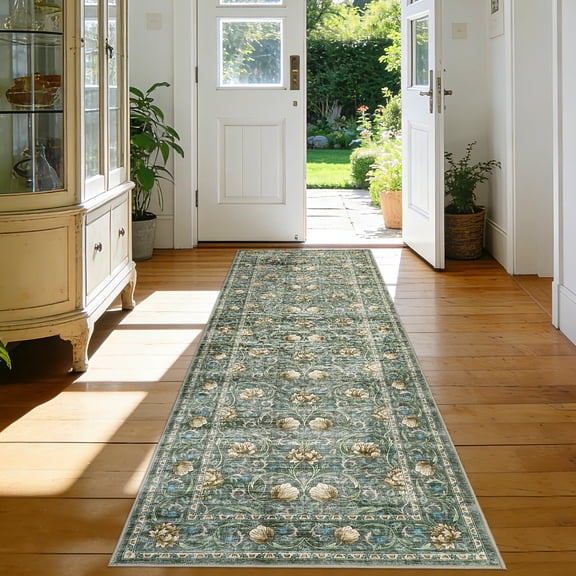 FairOnly Retro Flower 2'x6'Green Runner Rug Machine Washable Low Pile Non Slip Mat for Kitchen Hallway Laundry