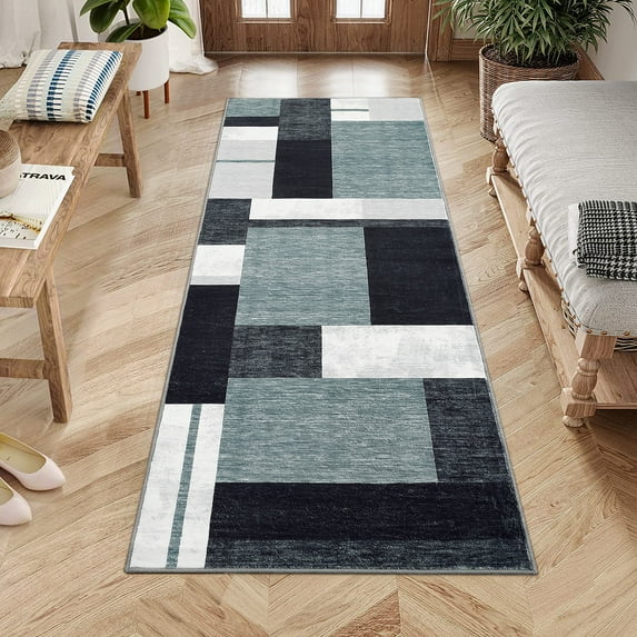 FairOnly Runner Rug 2' x 6' Modern Geometric Area Rug for Hallway Kitchen Washable Checkered Patchwork Carpet, Grey