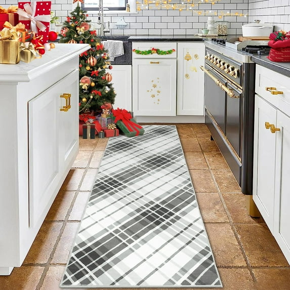 FairOnly Runner Rug 2' x 6' Modern Soft Rug Washable Area Rug Non Slip Rug Plaid Design Area Rug for Hallway Bathroom, Black-gray