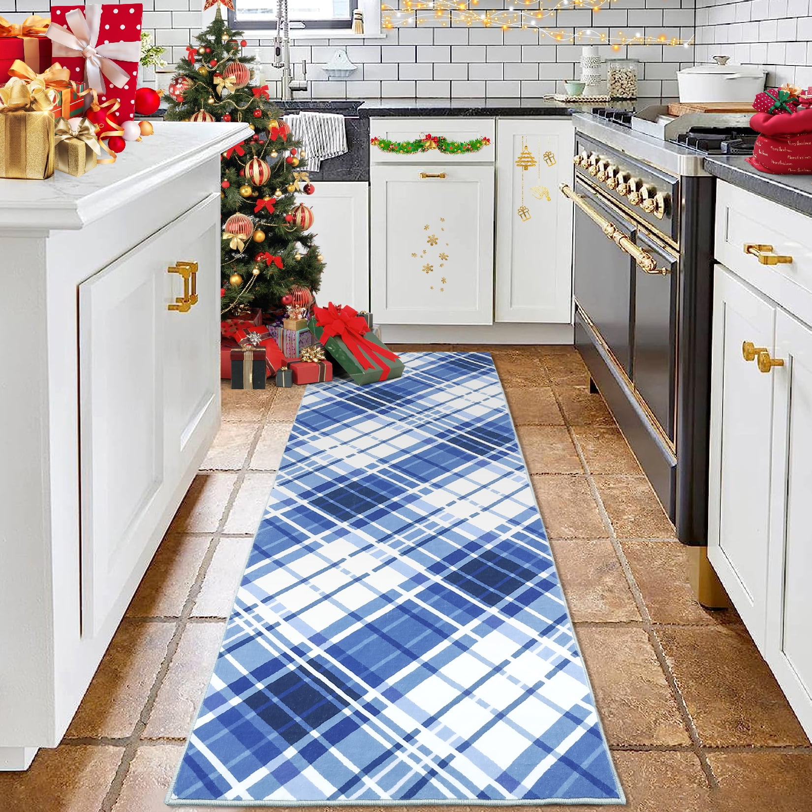 FairOnly Runner Rug 2' x 6' Modern Soft Rug Washable Area Rug Non Slip Rug Plaid Design Area Rug for Hallway Bathroom, Blue