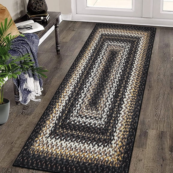 FairOnly Small Area Rug 2' x 4' Modern Floor Cover Braided Print Door Mat Washable Rug for Bedroom Nursery Kitchen, Black
