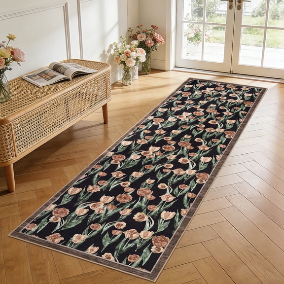 FairOnly Tulip Pattern 2'x6' Runner Rug Non Slip Low Pile Machine Washable Floral Rug for Hallway Bedroom Kitchen,Black Brown