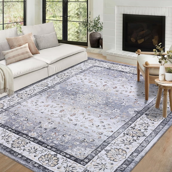 FairOnly Vintage Indoor Medallion Area Rug 8'x10'Washable Rug Low Pile Stain Resistant Floor Cover for Living Room Bedroom,Grey