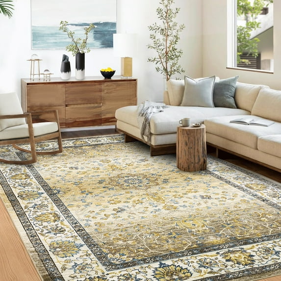 FairOnly Washable Area Rug for Living Room Bedroom 8' x 10' Vintage Medallion Area Rug Elegant Floral Partten Rug, Yellow
