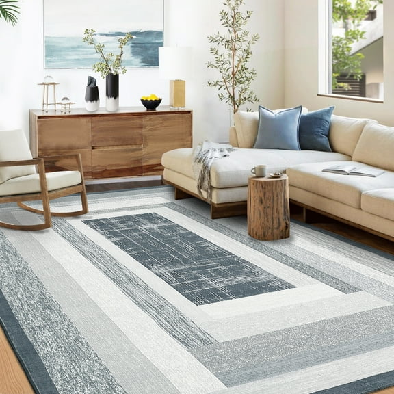 FairOnly Washable Area Rug for Living Room Bedroom Minimalist Border Solid Rug 8' x 10' Modern Geometric Carpet Non-Slip Rug, Grey