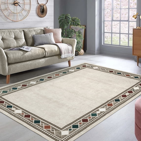 FairOnly Washable Area Rug for Living Room Bedroom Modern Bordered Rug 8' x 10' Stain Resistanta Area Rug, Beige