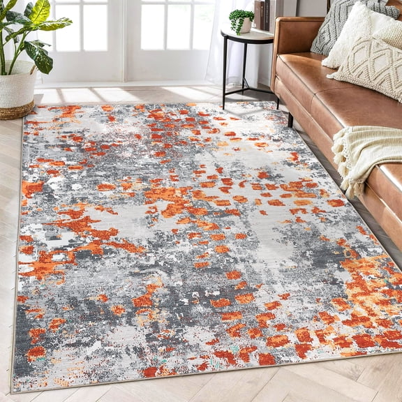 FairOnly Washable Area Rug for Living Room Bedroom Office Modern Rug 9' x 12' Artistic Abstract Carpet, Orange/Grey