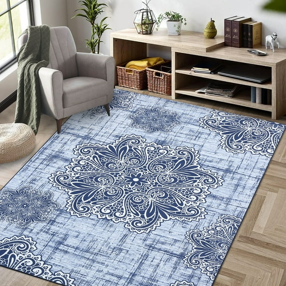FairOnly Washable Area Rug for Living Room Bedroom Vintage Medallion Rug 8' x 10' Floral Print Rug, Blue