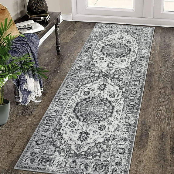 FairOnly Washable Runner Rug 2' x 6' Oriental Medallion Carpet for Bedroom Bathroom Laundry Room Hallway Vintage Rug, Grey