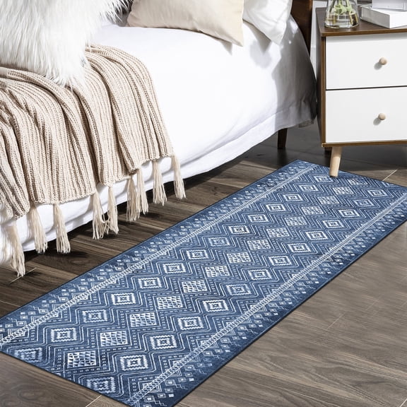 FairOnly Washable Runner Rug 2' x 6' Tribal Moroccan Accent Rug Boho Geometric Rug for Bedroom Bathroom Laundry Room Hallway, Gray Blue
