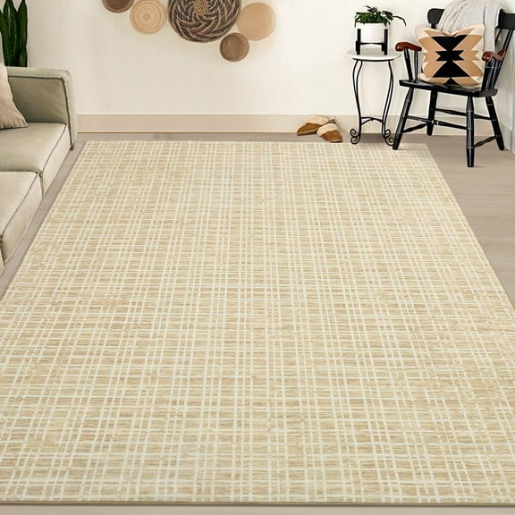 FairOnly Yellow 9'x12'Modern Grid Area Rug for Living Room Low Pile Non Slip Soft Foldable Floor Rug for Bedroom Kitchen Dinning Room