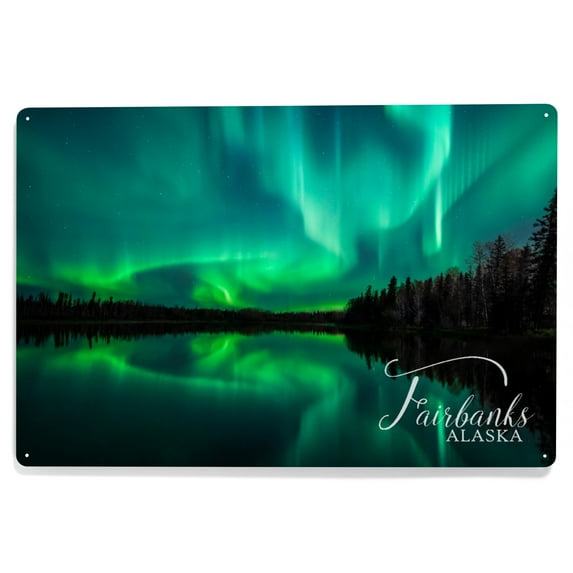 Fairbanks, Alaska, Northern Lights over Lake (12x18 Aluminum Art, Indoor Outdoor Metal Sign Decor)
