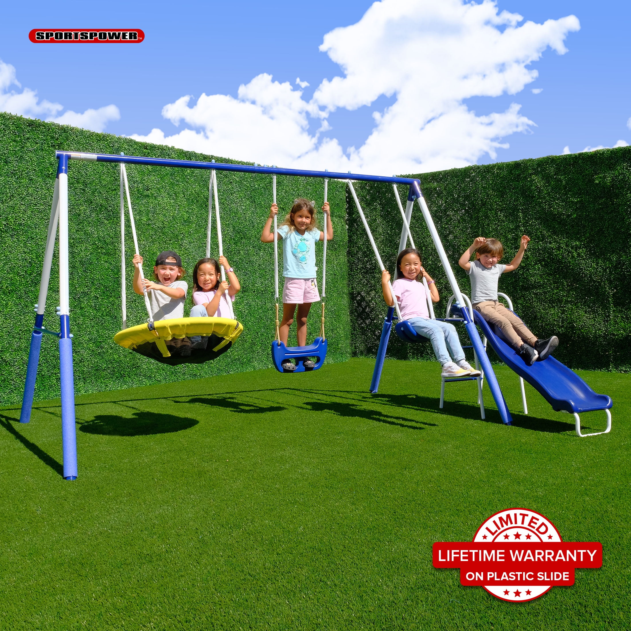 Sportspower Fairbrook Metal Swing Set with 2-Person Saucer Swing, Standing Swing, Blow-Molded Swing, and 5' Slide