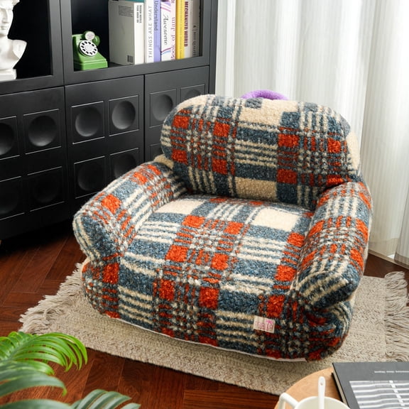 Fairela Large Retro Cozy Plush Pet Couch Bed, Blue/Red, Machine Washable with Raised Arms
