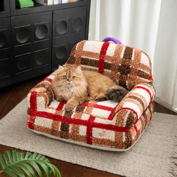 Fairela Medium Vintage Plaid Plush Pet Couch Bed, Red/Brown, Machine Washable