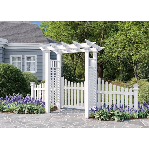 Fairfield 58"L x 32"W x 86.5"H Vinyl Arbor with Picket Fence Wings and Gate