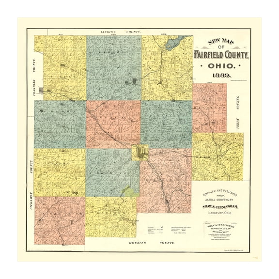 Fairfield County Ohio Art, 1889 Vintage Map of Fairfield County OH History Wall Decor Gift, Old Fairfield County OH Map - 30" x 30" Unframed Print
