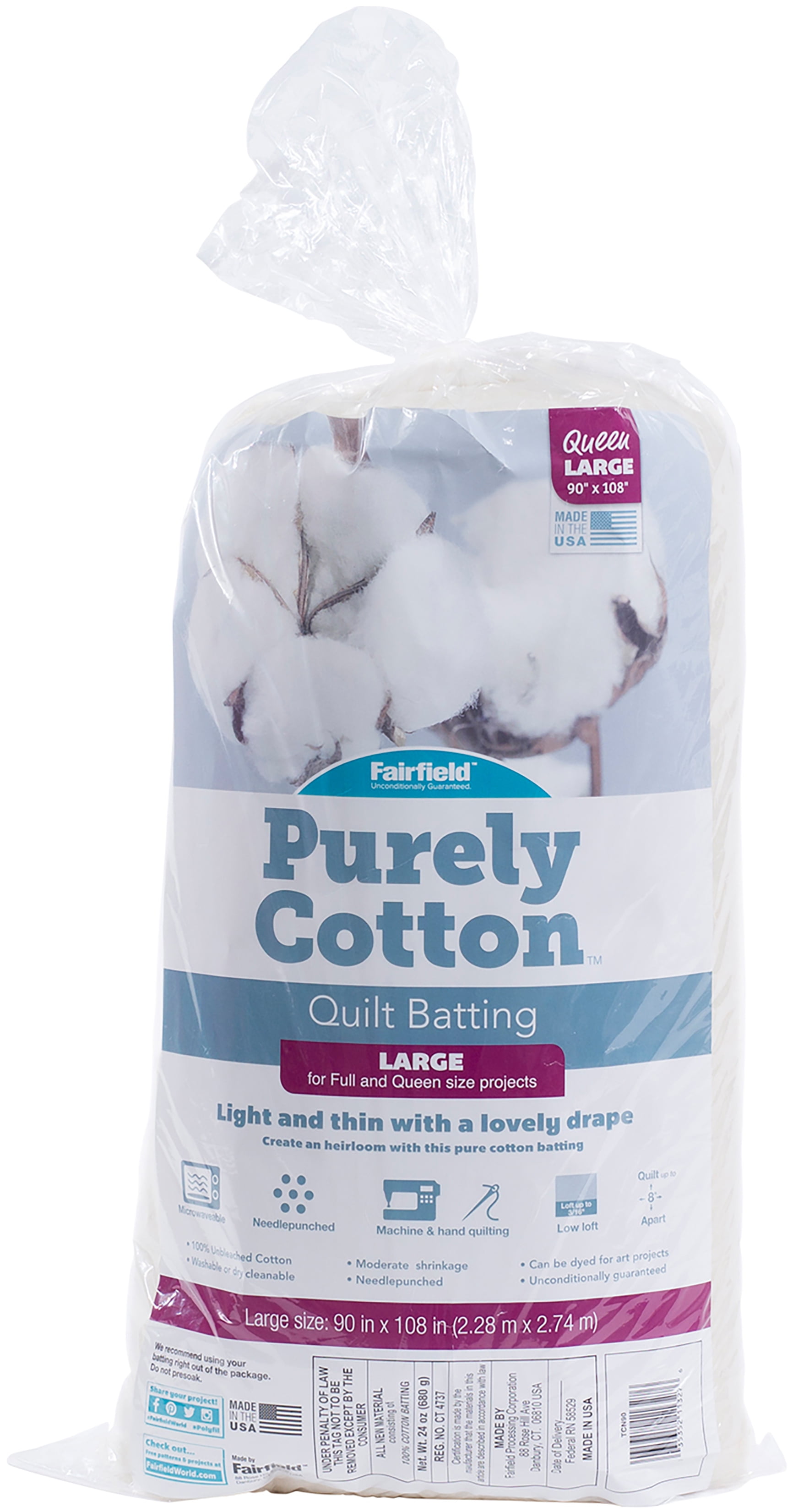 Fairfield Purely Cotton Natural 100 Cotton BattingQueen Size 90"X108