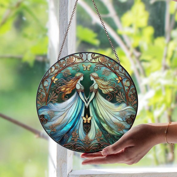 Fairies Glass Window Suncatcher, Enchanted Fantasy Garden Decor, 7.9 in