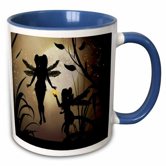 3drose, Fairies Silhouetted Over Gold Moon, 11oz Two-tone Blue Mug
