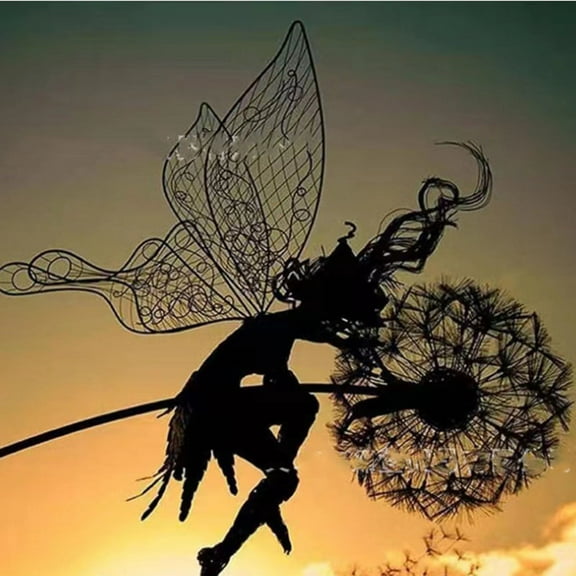 Fairies Wire Dandelion Stainless Garden Art Sculpture Steel Fairy Ornaments Garden Sculptures & Statues Dancing Flower Fairy Decoration for Outdoor Yard Courtyard Patio,G,1PC