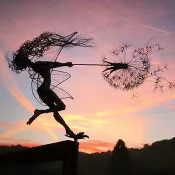 Fairies Wire Dandelion Stainless Garden Art Sculpture Steel Fairy Ornaments Garden Sculptures & Statues Dancing Flower Fairy Decoration for Outdoor Yard Courtyard Patio,D,1PC