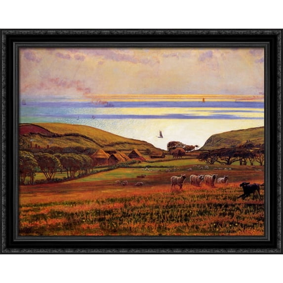 Fairlight Downs, Sunlight on the Sea 36x28 Large Black Ornate Wood Framed Canvas Art by William Holman Hunt