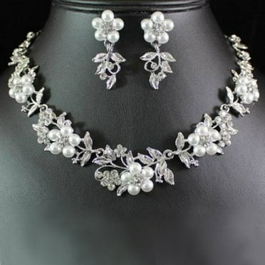 Fairnull 1 Set Necklace Eardrop Fashion Shiny Charming Faux Pearl Silver Plated Necklace Earrings for Women