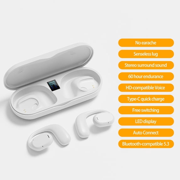 Fairnull 1 Set Sport Earphones LED Digital Display Space Stereo Surround Long Endurance Intelligent Noise Reduction Painless Wearing Music Ergonomic Hook Ear Design Bone Conduction Headphones