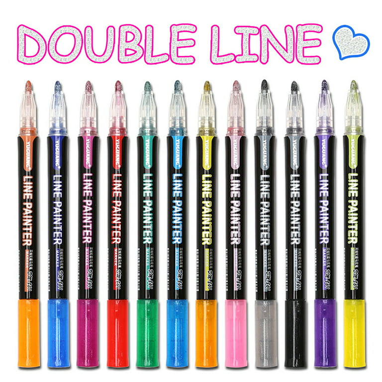 Fairnull 12Pcs Outline Metallic Markers Fluorescent Double Line Paint Pens  for Drawing Coloring, Greenting Card Writing, Art Crafts Projrcts, Metal,  Wood 