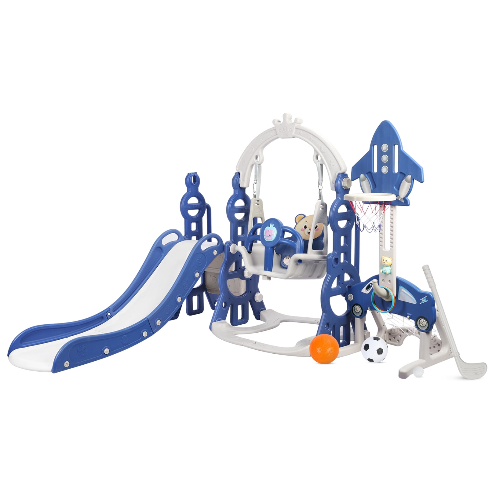 Blue 5-in-1 Indoor Plastic Slide and Swing Set